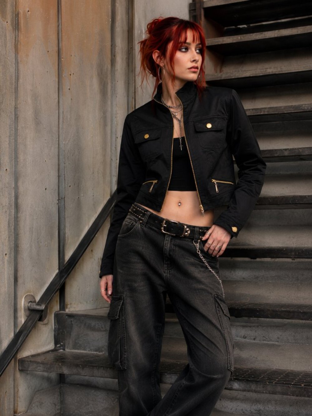 Y2K Indie Sleaze Cropped Moto Jacket Black Gold Hardware